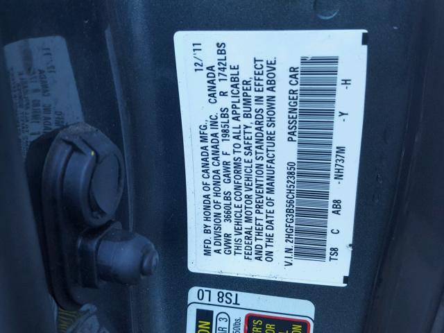 2HGFG3B56CH523850 - 2012 HONDA CIVIC LX GRAY photo 10