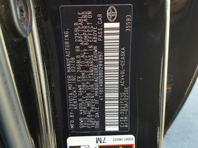 4T1BE46K99U284997 - 2009 TOYOTA CAMRY BASE BLACK photo 10