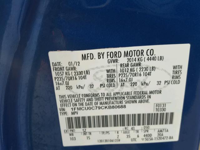 1FMCU0C79CKB80688 - 2012 FORD ESCAPE XLS BLUE photo 10