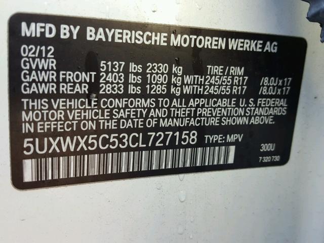 5UXWX5C53CL727158 - 2012 BMW X3 XDRIVE2 WHITE photo 10