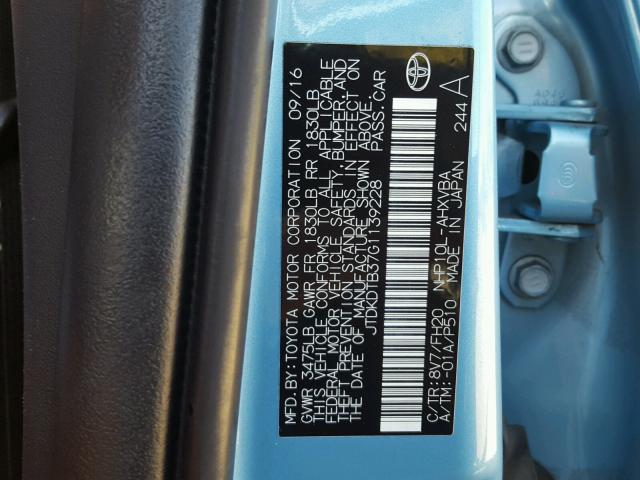 JTDKDTB37G1139228 - 2016 TOYOTA PRIUS C BLUE photo 10