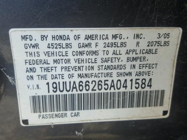 19UUA66265A041584 - 2005 ACURA TL GRAY photo 10