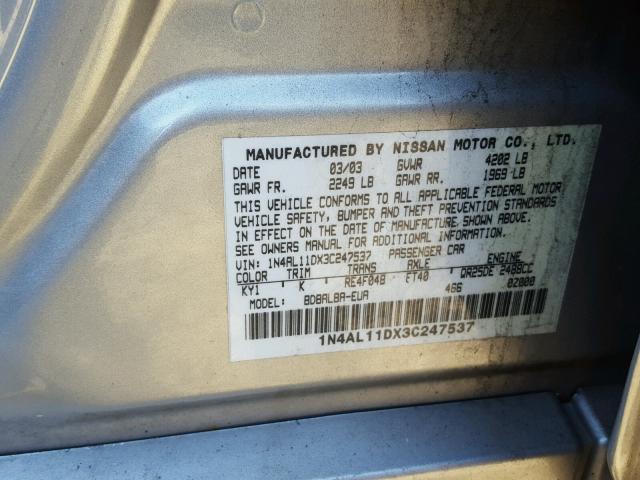 1N4AL11DX3C247537 - 2003 NISSAN ALTIMA BAS GRAY photo 10