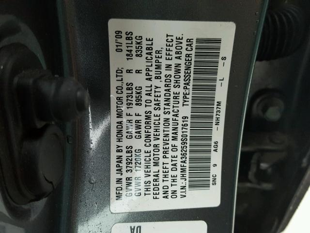 JHMFA36259S017619 - 2009 HONDA CIVIC HYBR GRAY photo 10