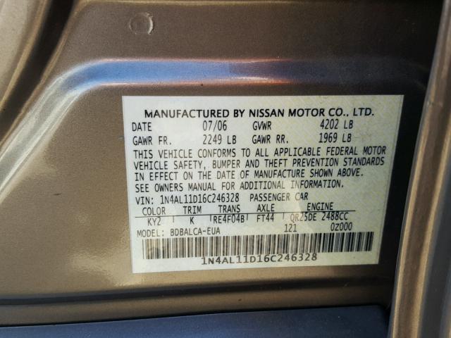 1N4AL11D16C246328 - 2006 NISSAN ALTIMA S GOLD photo 10