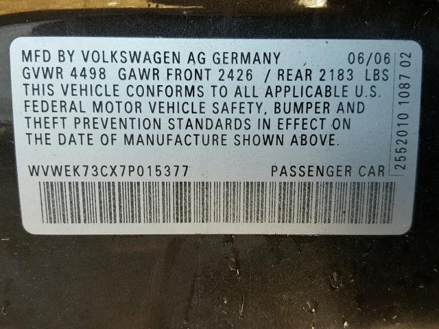 WVWEK73CX7P015377 - 2007 VOLKSWAGEN PASSAT 2.0 GRAY photo 10