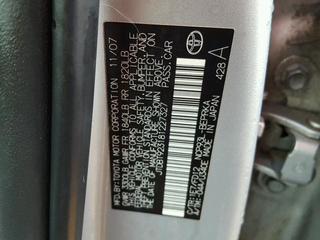 JTDBT923181227327 - 2008 TOYOTA YARIS SILVER photo 10