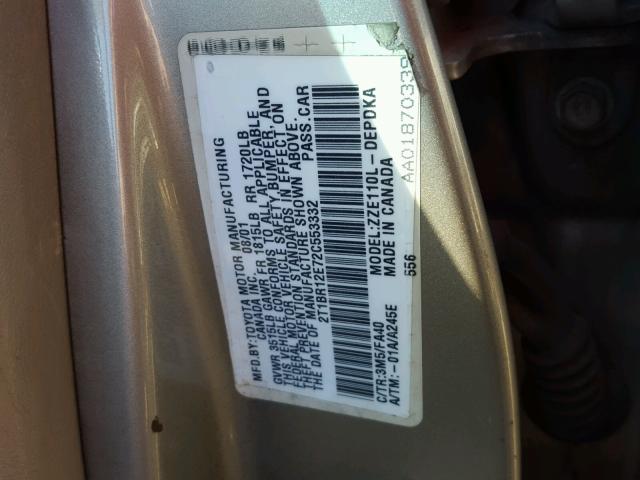 2T1BR12E72C553332 - 2002 TOYOTA COROLLA CE TAN photo 10