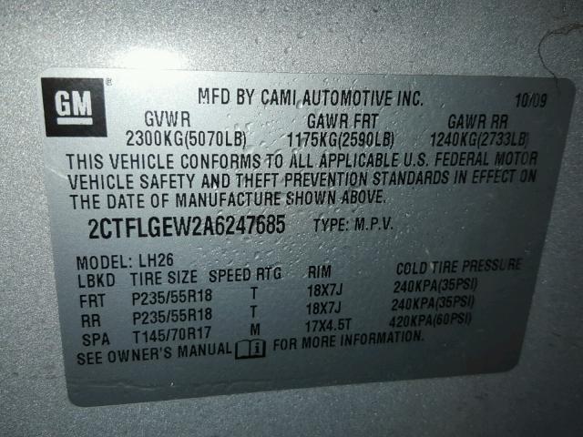 2CTFLGEW2A6247685 - 2010 GMC TERRAIN SL SILVER photo 10