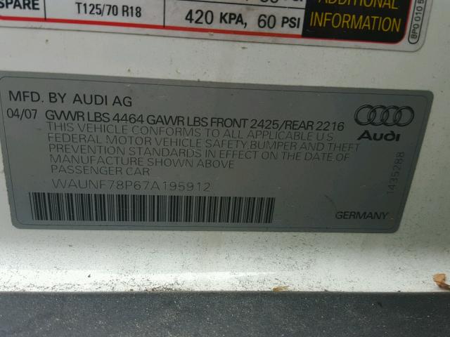 WAUNF78P67A195912 - 2007 AUDI A3 2.0 PRE WHITE photo 10