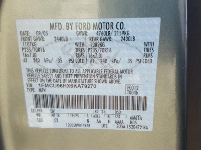 1FMCU96HX6KA79270 - 2006 FORD ESCAPE HEV GREEN photo 10