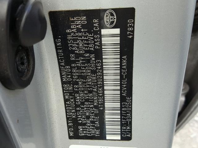 4T1BE46K19U292463 - 2009 TOYOTA CAMRY BASE SILVER photo 10