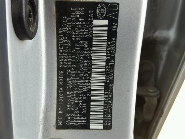 2T1KR32EX5C391292 - 2005 TOYOTA COROLLA MA SILVER photo 10