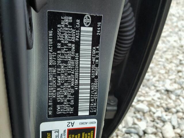 4T1BK3DB5CU466404 - 2012 TOYOTA AVALON BAS GRAY photo 10