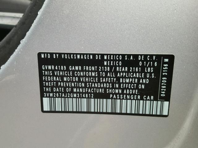 3VW267AJ2GM314812 - 2016 VOLKSWAGEN JETTA S 银色 照片 10