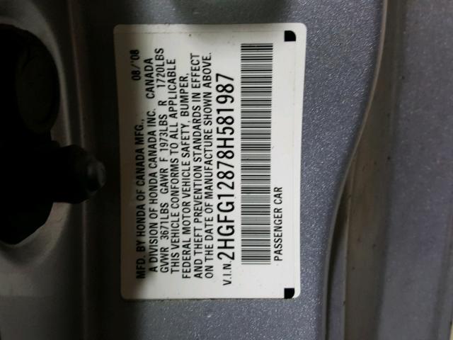 2HGFG12878H581987 - 2008 HONDA CIVIC EX SILVER photo 10