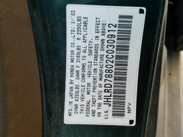 JHLRD78802C030912 - 2002 HONDA CR-V EX მწვანე ფოტო 10