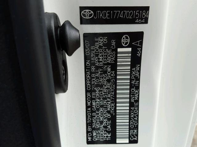 JTKDE177470215184 - 2007 TOYOTA SCION TC 白色 照片 10
