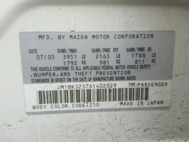 JM1BK323761402029 - 2006 MAZDA 3 S WHITE photo 10