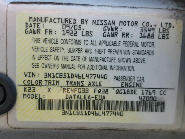 3N1CB51D46L477440 - 2006 NISSAN SENTRA 1.8 SILVER photo 10