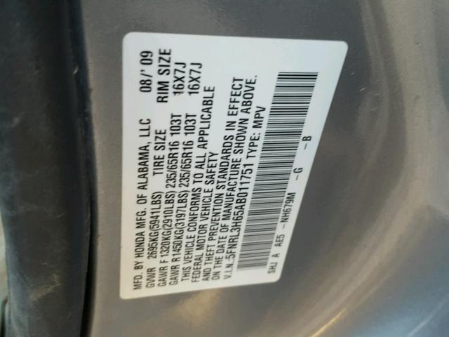 5FNRL3H65AB011751 - 2010 HONDA ODYSSEY EX SILVER photo 10