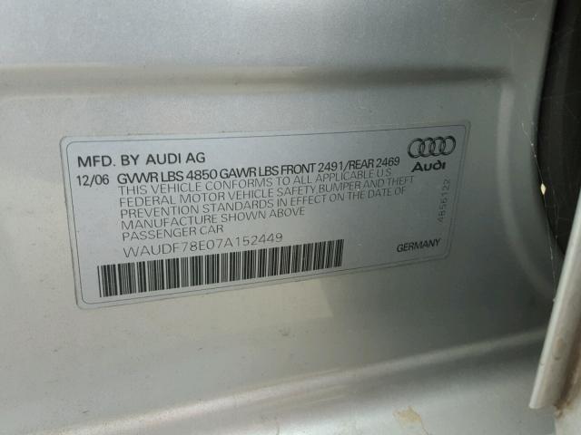 WAUDF78E07A152449 - 2007 AUDI A4 2.0T QU SILVER photo 10