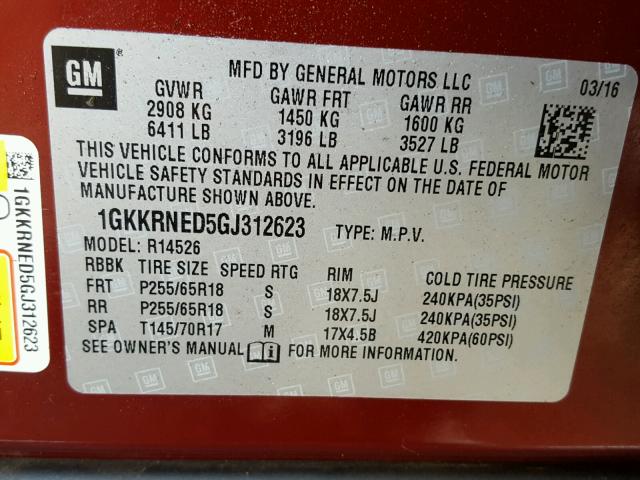 1GKKRNED5GJ312623 - 2016 GMC ACADIA SLE RED photo 10