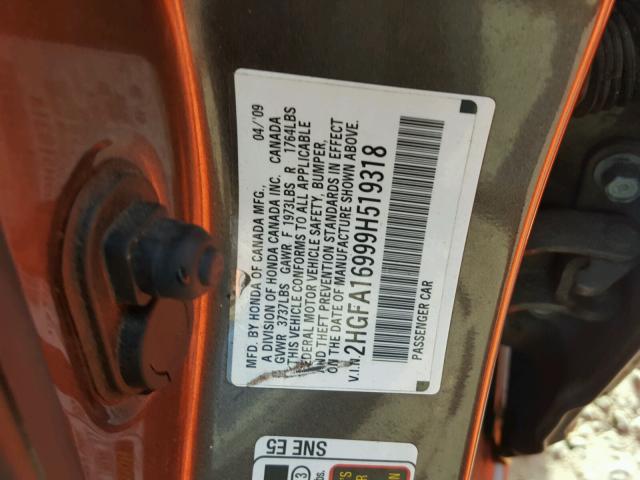 2HGFA16999H519318 - 2009 HONDA CIVIC EXL GRAY photo 10