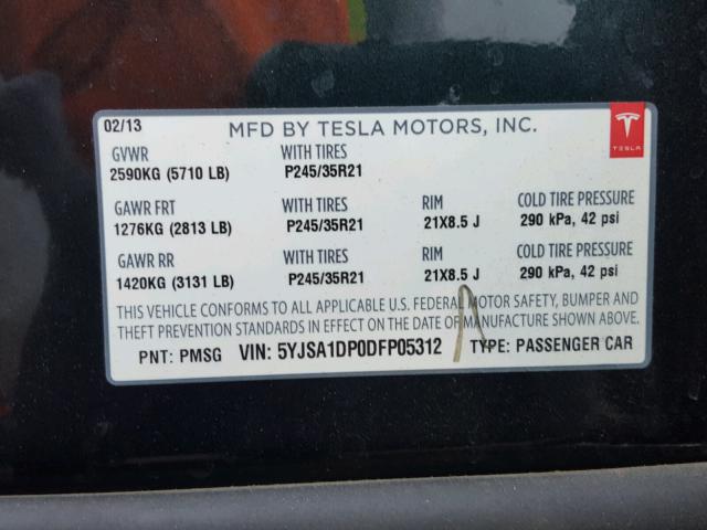 5YJSA1DP0DFP05312 - 2013 TESLA MODEL S BLACK photo 10