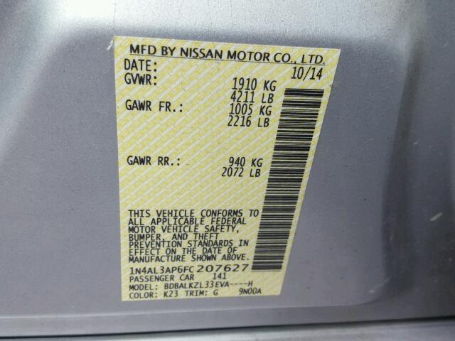 1N4AL3AP6FC207627 - 2015 NISSAN ALTIMA 2.5 SILVER photo 10