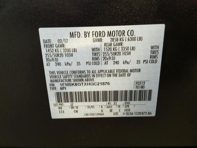 1FM5K8GTXHGC21876 - 2017 FORD EXPLORER S CHARCOAL photo 10