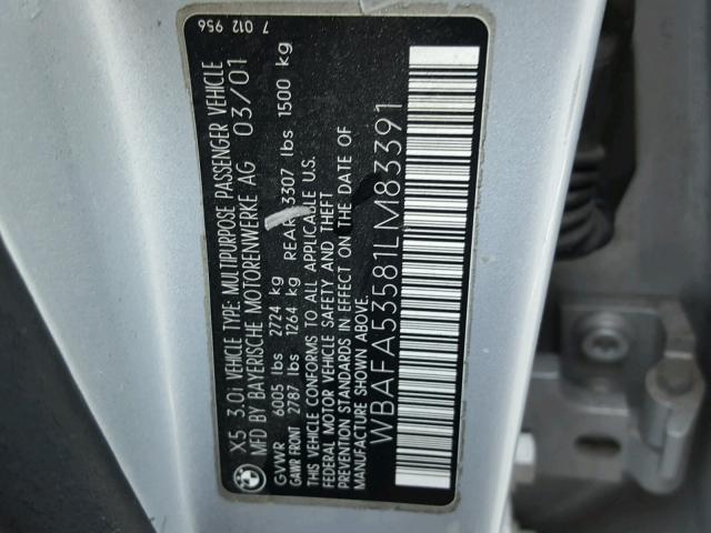 WBAFA53581LM83391 - 2001 BMW X5 3.0I SILVER photo 10