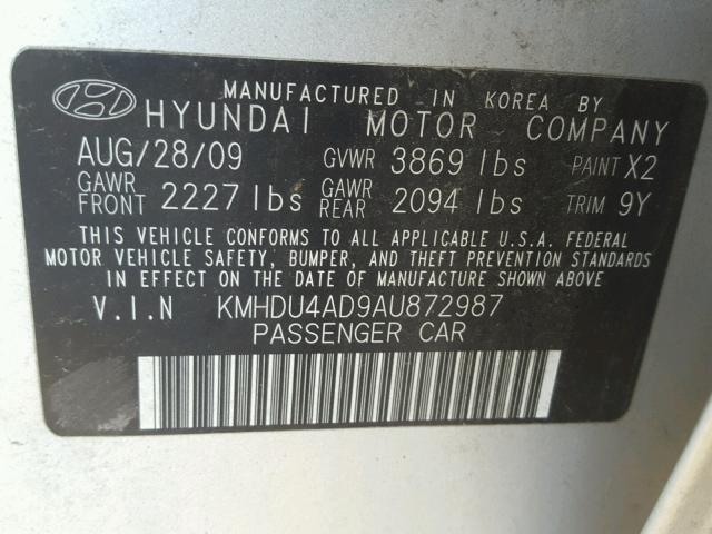 KMHDU4AD9AU872987 - 2010 HYUNDAI ELANTRA BL SILVER photo 10