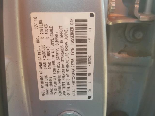 1HGCP2F88AA173795 - 2010 HONDA ACCORD EXL SILVER photo 10