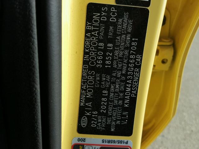 KNADM4A33G6687081 - 2016 KIA RIO LX YELLOW photo 10