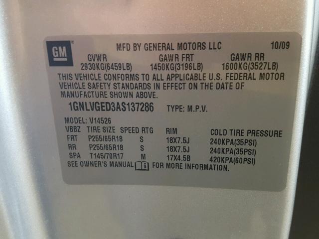 1GNLVGED3AS137286 - 2010 CHEVROLET TRAVERSE L SILVER photo 10