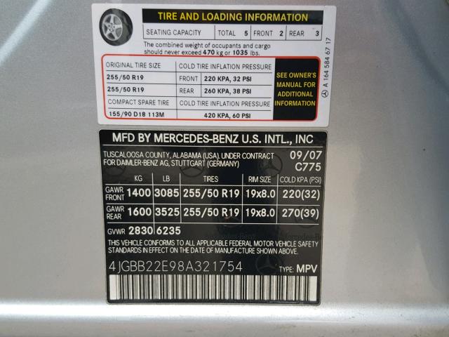 4JGBB22E98A321754 - 2008 MERCEDES-BENZ ML 320 CDI SILVER photo 10