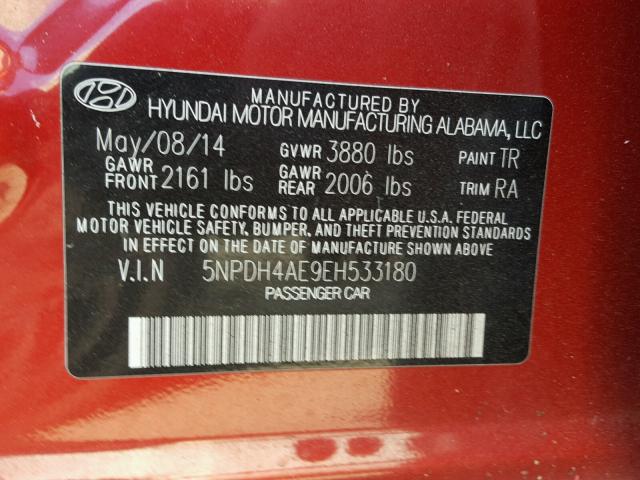 5NPDH4AE9EH533180 - 2014 HYUNDAI ELANTRA SE RED photo 10