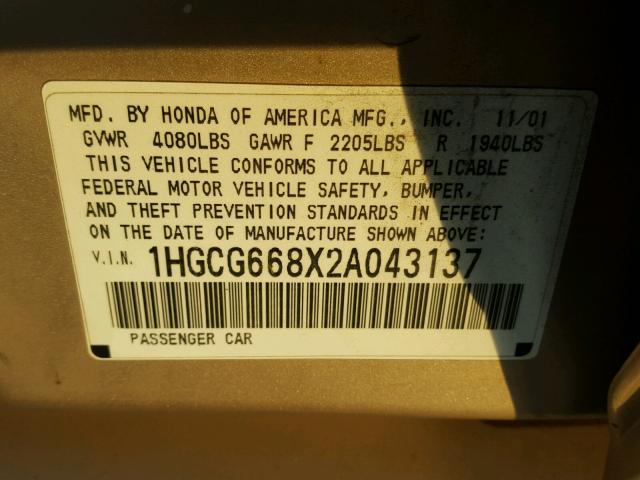 1HGCG668X2A043137 - 2002 HONDA ACCORD EX GOLD photo 10