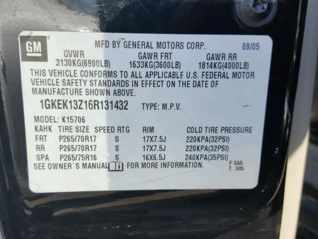 1GKEK13Z16R131432 - 2006 GMC YUKON BLACK photo 10