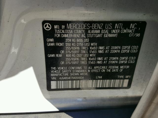 4JGAB54E7XA054834 - 1999 MERCEDES-BENZ ML 320 SILVER photo 10