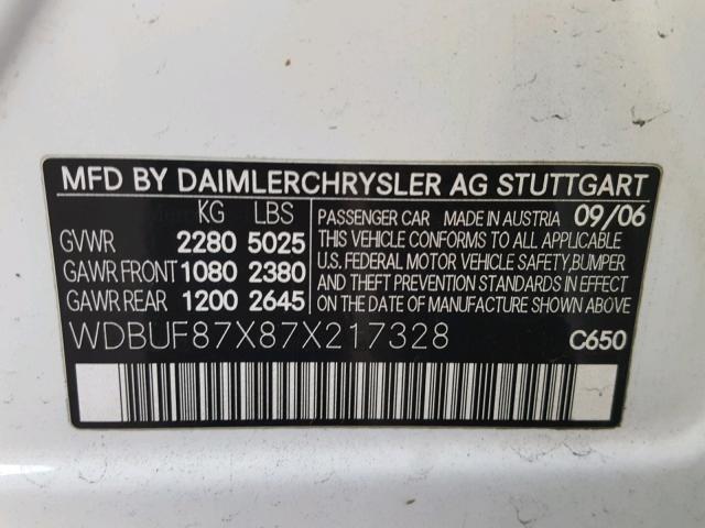 WDBUF87X87X217328 - 2007 MERCEDES-BENZ E 350 4MAT WHITE photo 10