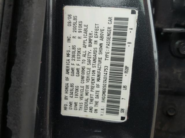 1HGCM66507A014753 - 2007 HONDA ACCORD EX GRAY photo 10