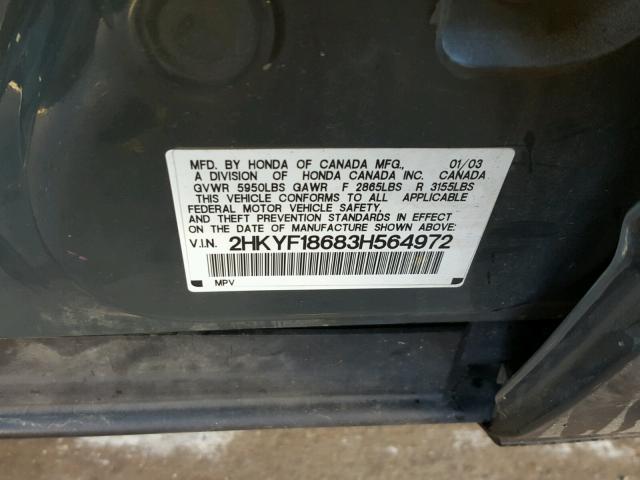 2HKYF18683H564972 - 2003 HONDA PILOT EXL BLUE photo 10