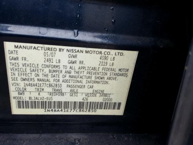 1N4BA41E77C862850 - 2007 NISSAN MAXIMA SE BLUE photo 10