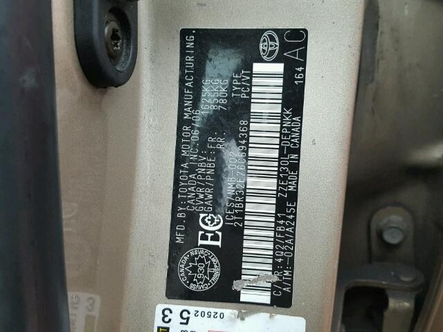 2T1BR32E76C694368 - 2006 TOYOTA COROLLA CE BROWN photo 10