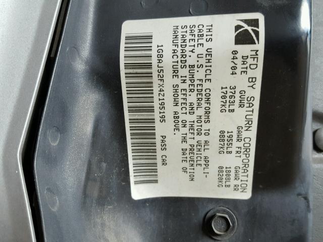 1G8AJ52FX4Z195195 - 2004 SATURN ION LEVEL SILVER photo 10