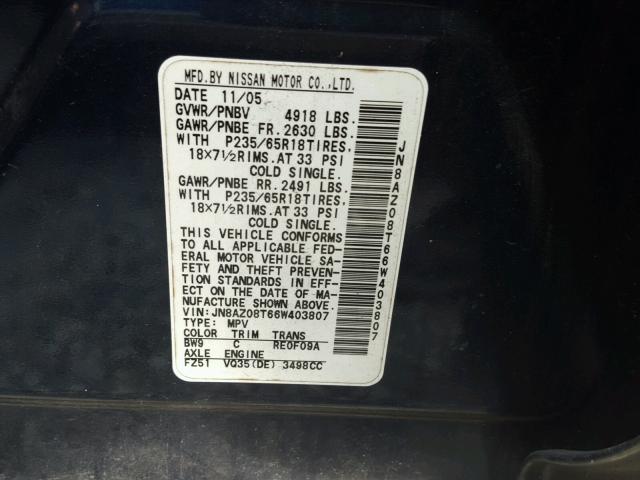 JN8AZ08T66W403807 - 2006 NISSAN MURANO SL BLUE photo 10