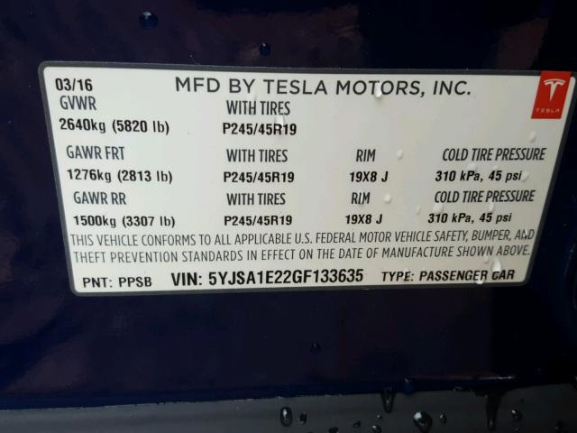 5YJSA1E22GF133635 - 2016 TESLA MODEL S ლურჯი ფოტო 10