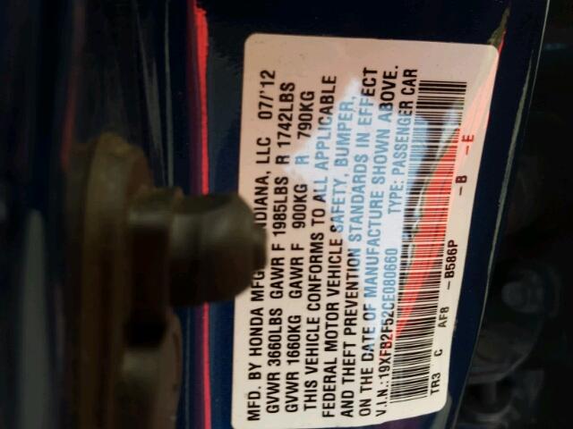 19XFB2F52CE080660 - 2012 HONDA CIVIC LX BLUE photo 10